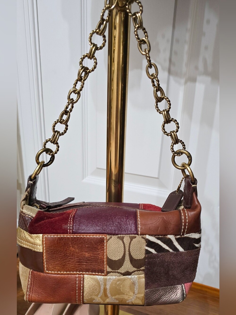 Coach Patchwork Leather and Fabric Shoulder Bag in Burgundy